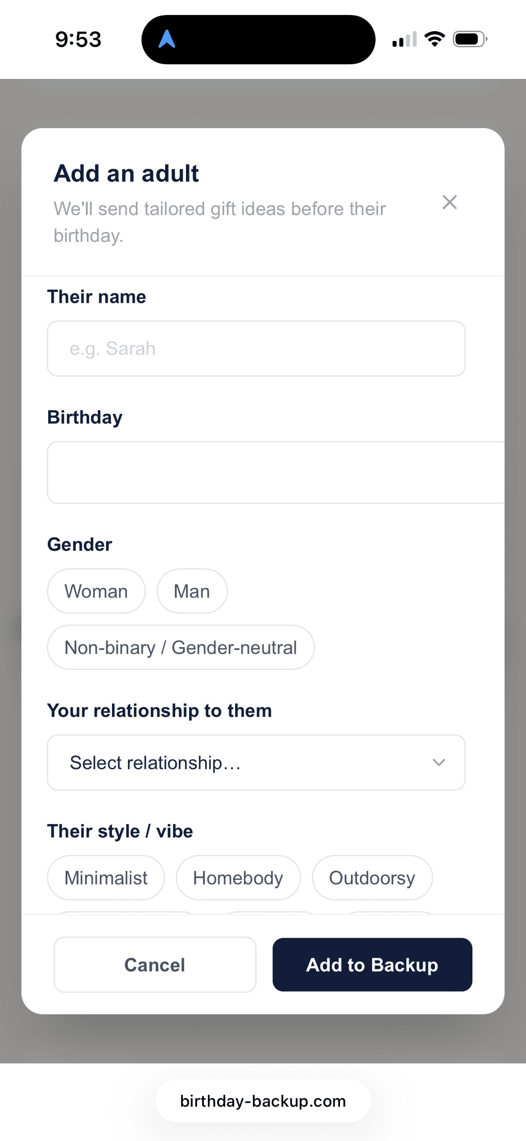 Birthday Backup add person form showing name, birthday, interests and style fields