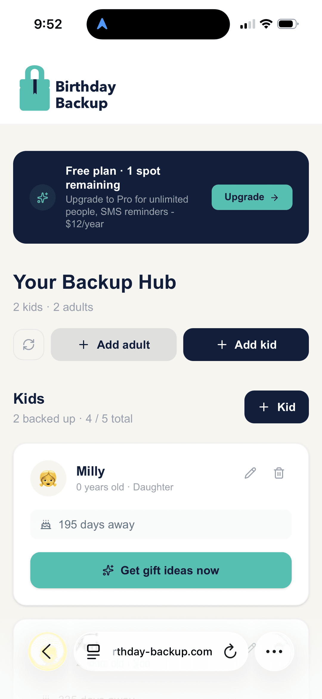 Birthday Backup dashboard showing kids and adults with upcoming birthdays and Get gift ideas now button